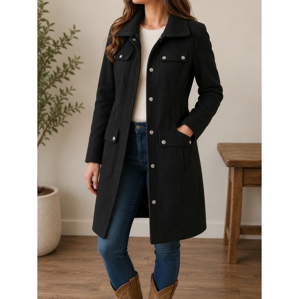 Laundry by Shelli Segal Black Wool Blend Military Coat Silver Snaps Women Small - Picture 2 of 12